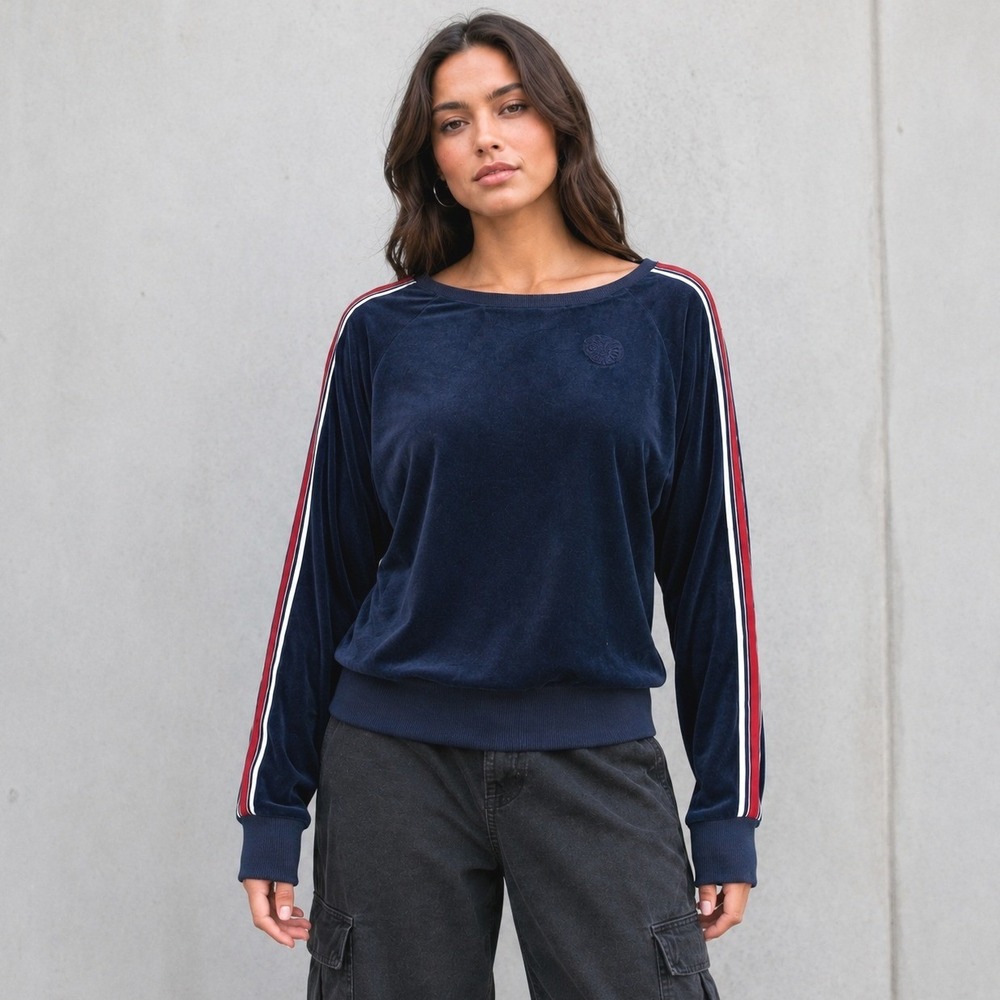 EV1 Velour Sweatshirt XXXL Navy Blue Striped Raglan Loungewear Cozy Streetwear